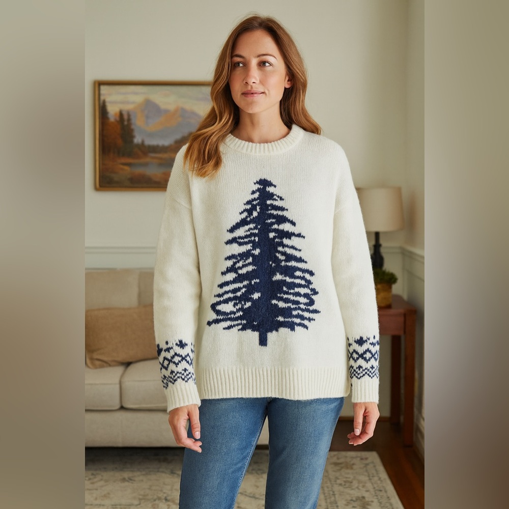 Sundance Cream and Navy Pine Tree Sweater Size Large
